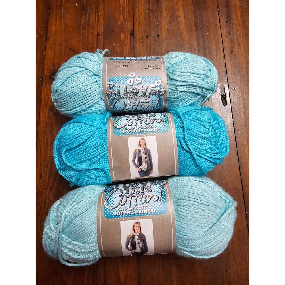 I Love This Cotton! Yarn Bundle 3 Skeins Aqua Sparkle Turquoise Blue Medium 4